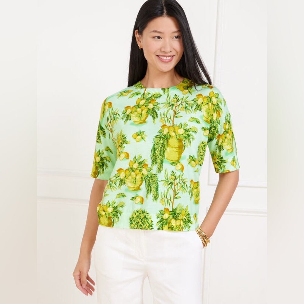Talbots Elbow Sleeve Lemon Trees Print Pullover Sweater Sz L NWT Grandmacore